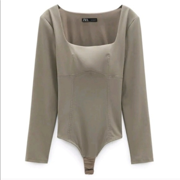 ZARA Long Sleeve Square Neck green taupe Bodysuit NWT - Picture 1 of 3